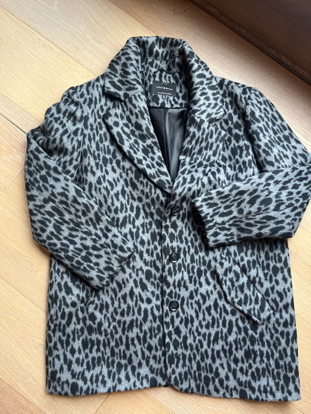 Lucky Brand Womens Gray Leopard Print Button Front Coat